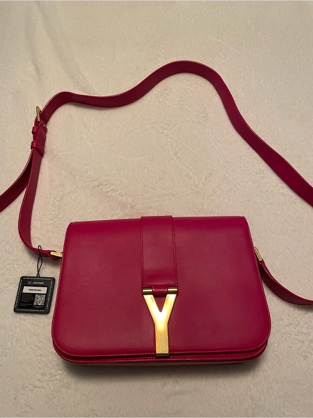 YSL Dark Pink Leather Crossbody Bag with Gold SIGNATURE Y-Clasp